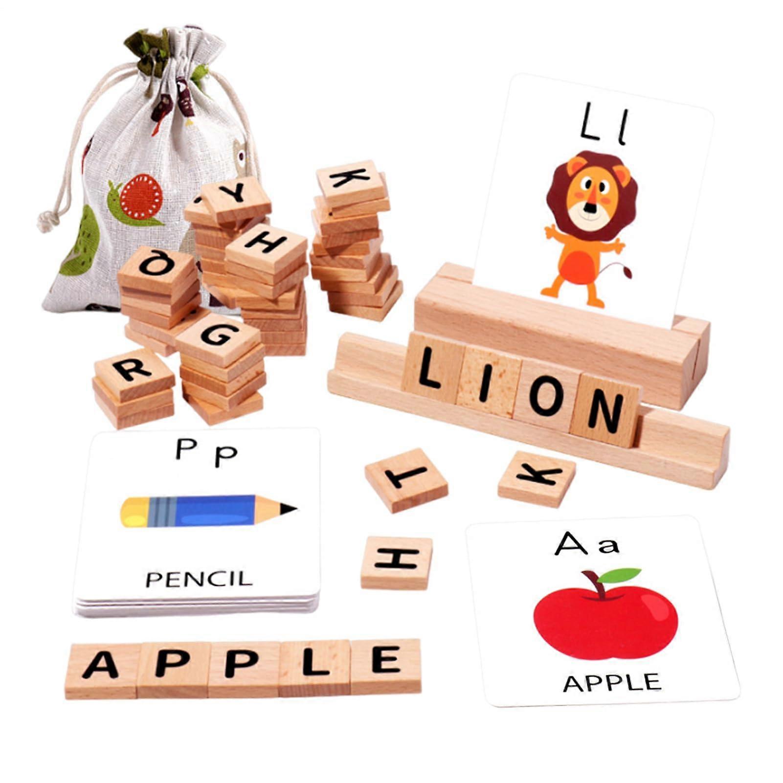 Alphabet Blocks Spelling Game With Wooden Blocks And Spelling Cards - Colorful Cartoon Alphabet Blocks For Preschoolers