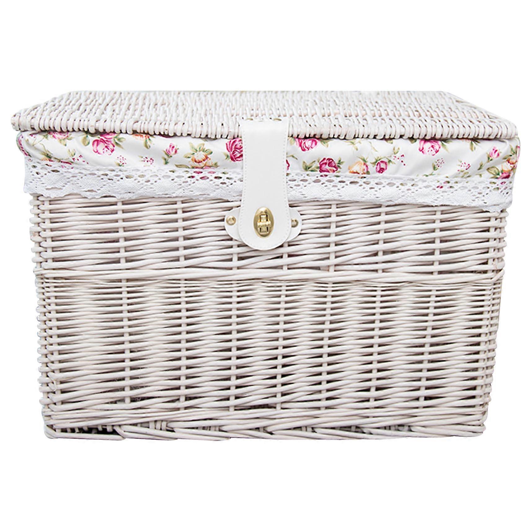 Wicker Storage Trunk With Lid 12x8x8 Inch White Wicker With Floral Liner Lockable Storage Trunk For Toys, Blankets, Clothes