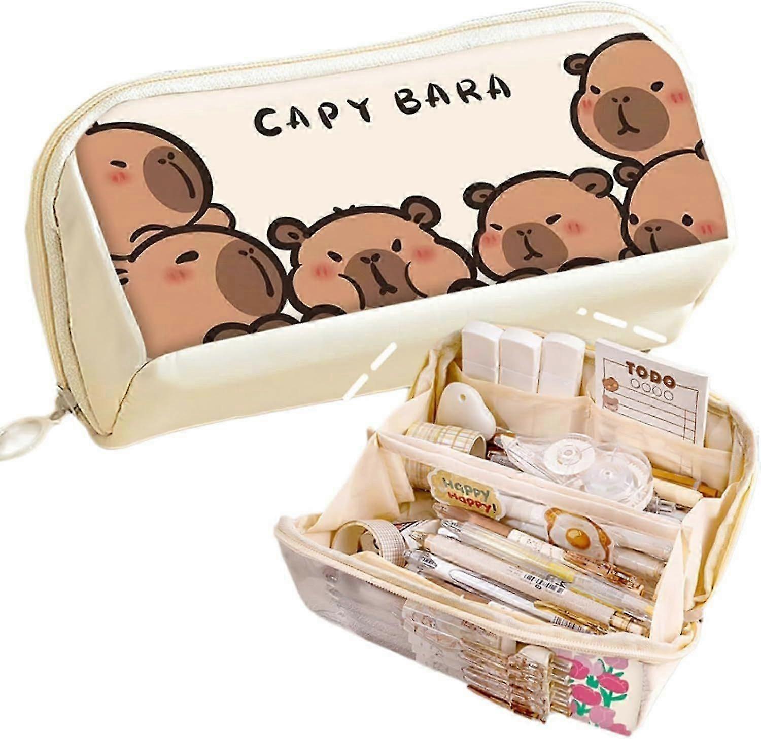 Pencil Pouch Multi-Layer Large Capacity Capybara Print Quirky Fun Cute Shy Capybara