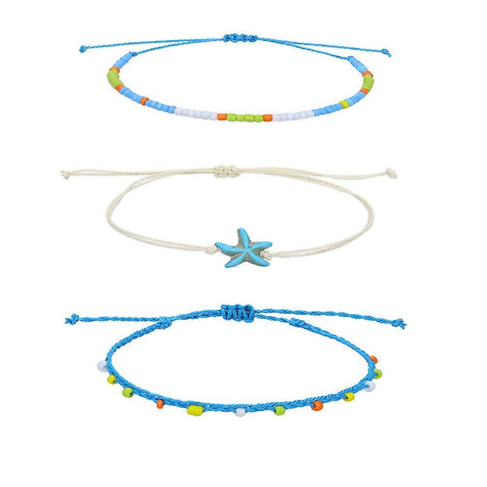 Boho Anklets for Women Ceremony Assorted Color Woven Wax Thread and Iron Durable Material 3Pcs