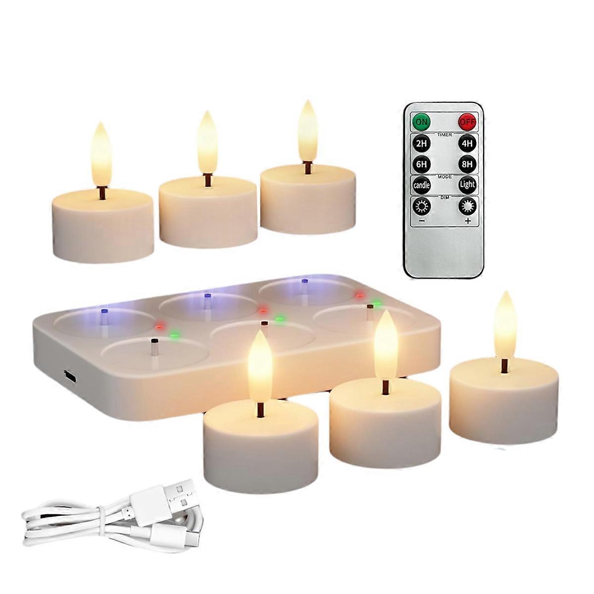 Bougies chauffe-plat rechargeables sans flamme avec station de charge 6 pièces batterie bougies chauffe-plat avec télécommande et minuterie