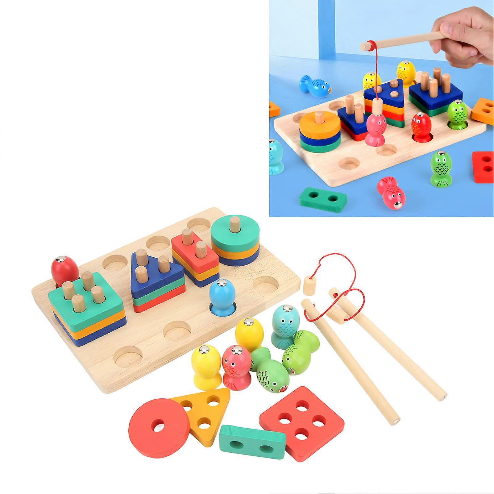 Kids Wooden Fishing Game 2 in 1 Shape Perception Matching Hand Eye Coordination Fish Game for Over 3 Years Old 