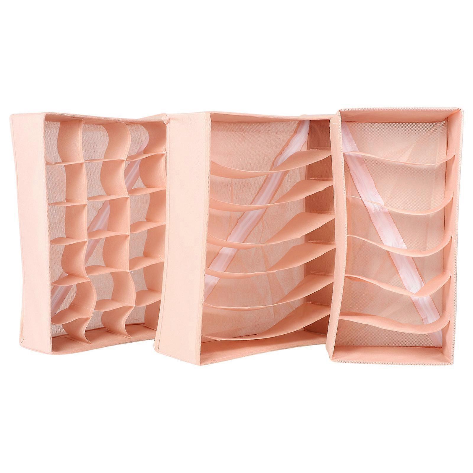 Pink Underwear Storage Boxes with Multiple Grids for Socks and Ties Made of Non Woven Fabric 3 Pieces