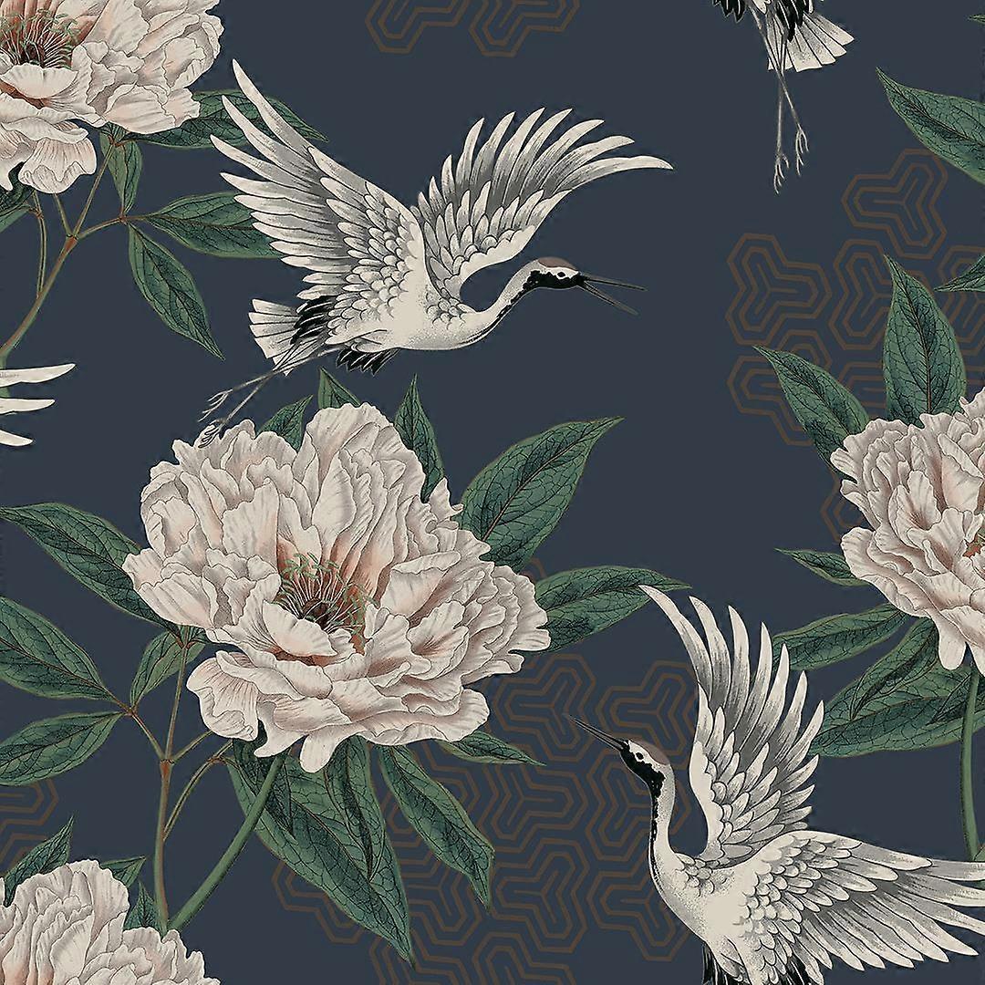 Flying Cranes Navy Wallpaper