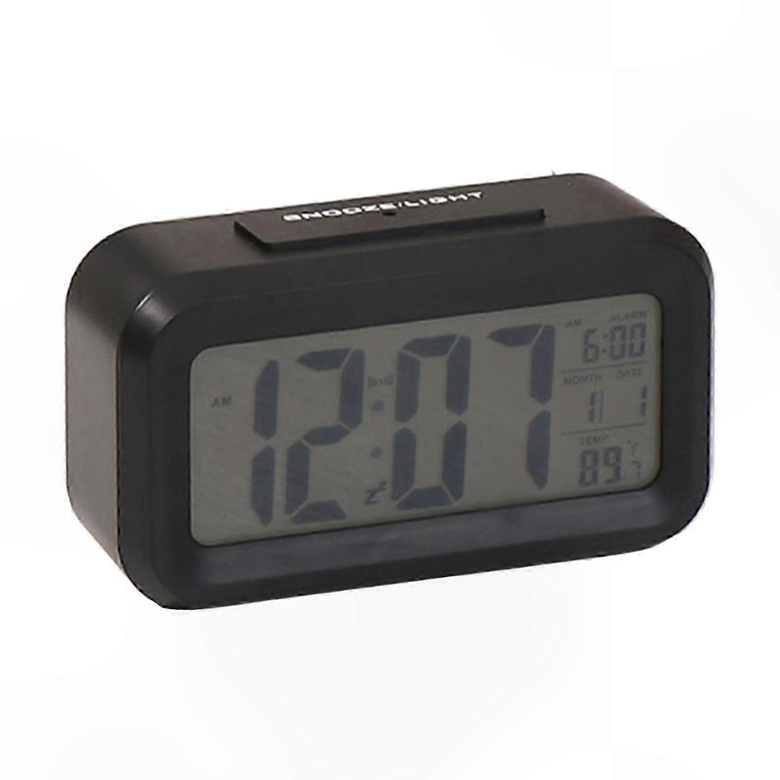 White Plastic Alarm Clock with Digital Display, Temperature Monitor, Calendar, Snooze Function, Auto Nightlight, Battery Operated
