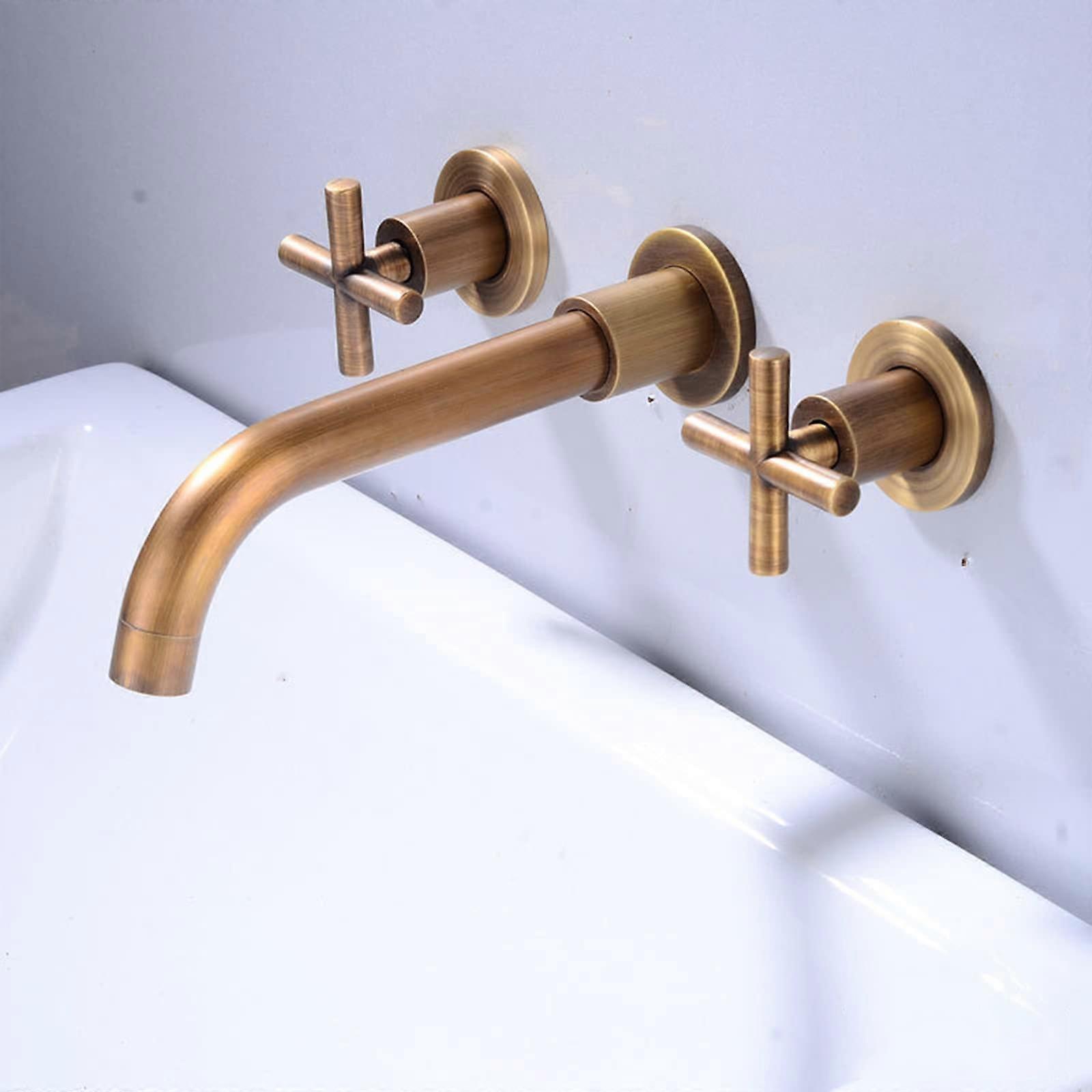 Copper Concealed Bathroom Sink Mixer Tap With Double Lever Wall Mounted Three Hole Basin Taps Hot And Cold