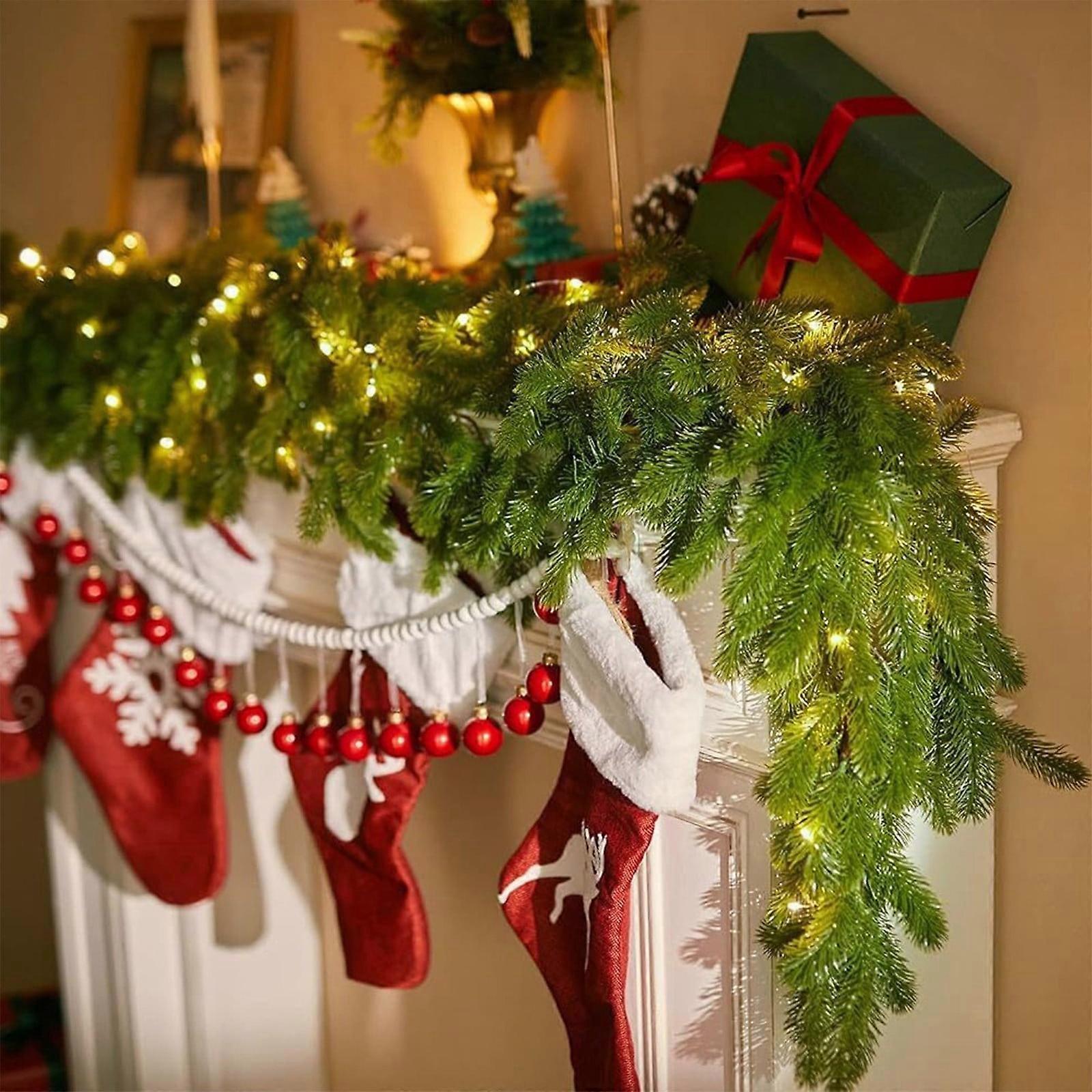 6.56FT Realistic Cedar Garland with Lights, Lighted Artificial Pine Rattan for Holiday Decor, Compatible with Table Mantle Fireplace Stairs Door