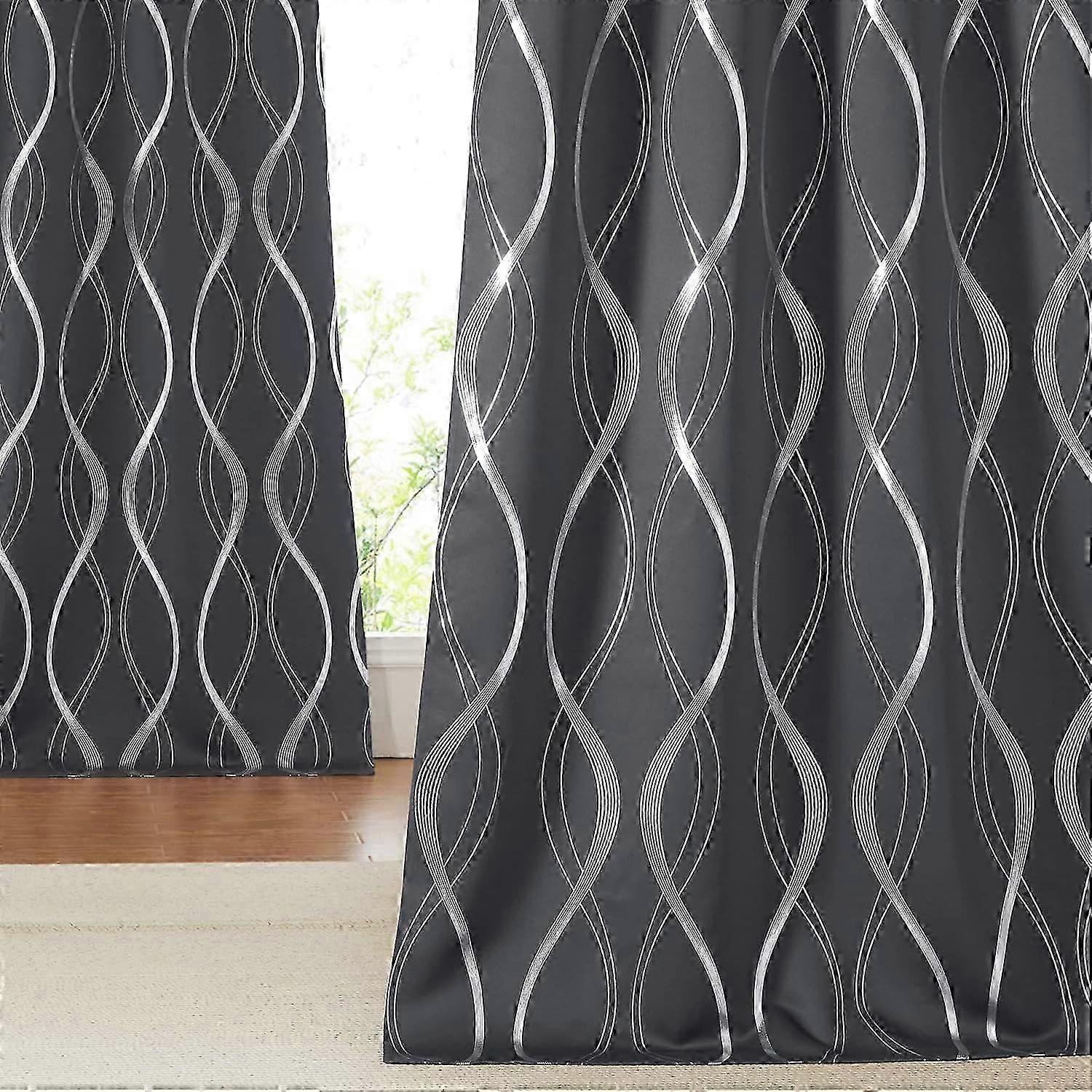 Blackout Curtains Gray Heat Insulating Curtains with Eyelets Curtains 2-Set H 240 x W 140 cm Living Room Curtains with Silver Foil Print Thermal Curta