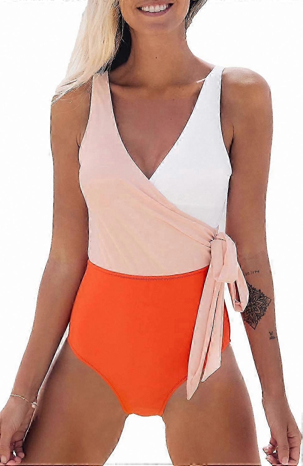 Women's Wrap Over One Piece Swimsuit with Knotted Design and Color Block Pattern for Swimming