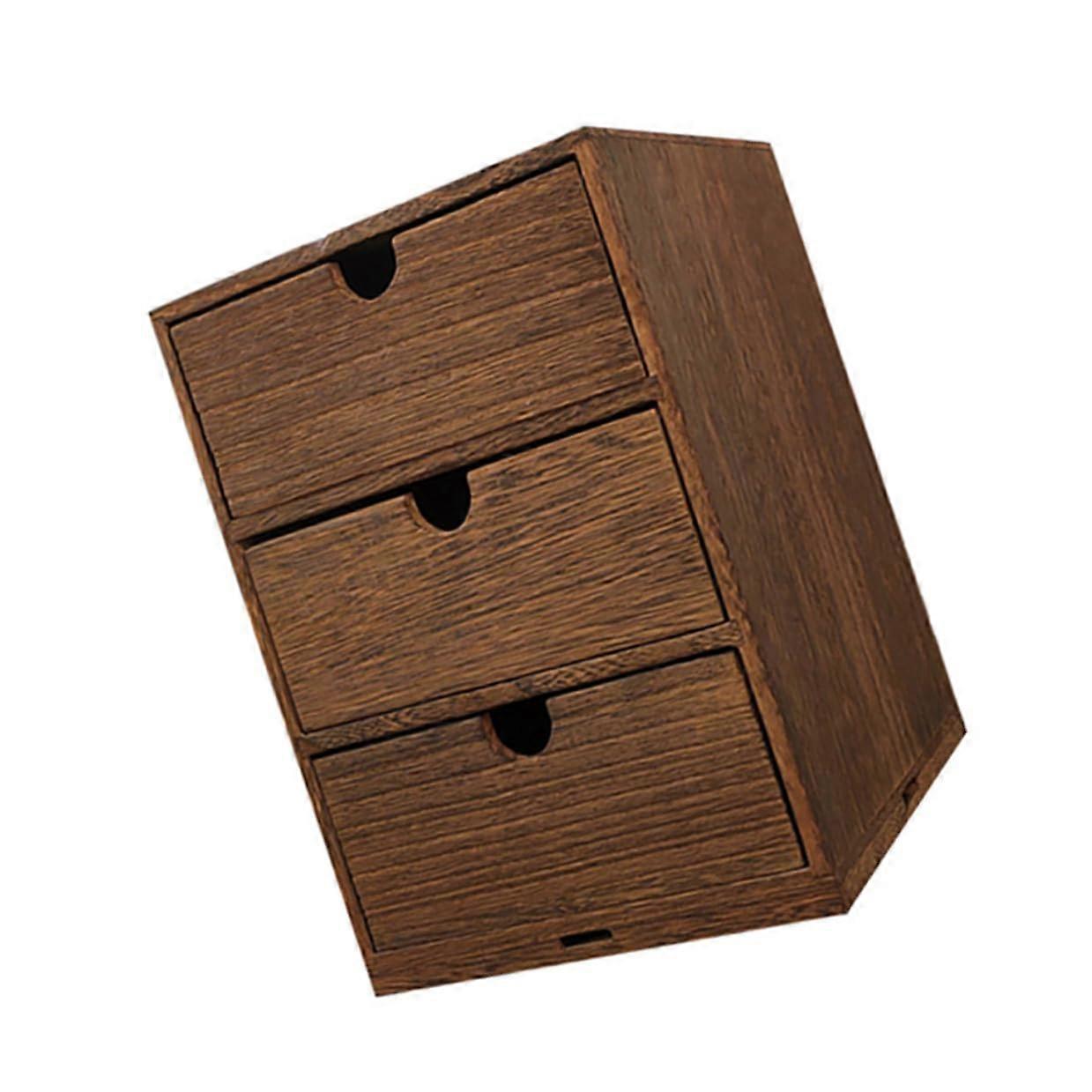 Wooden Multilayer Storage Box Brown Wood Material With Semicircle Pull Handles Desktop Organizer For Home And Office