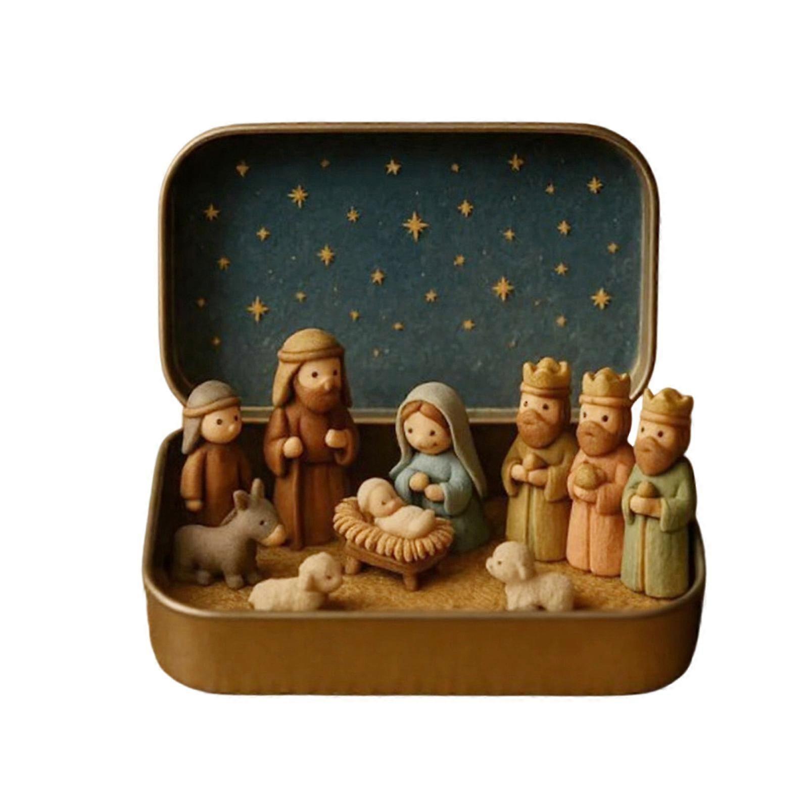 Miniature Christmas Nativity Set in Tin Box, Handcrafted Pocket Nativity Scene with Resin Holy Family & Sheep 26s