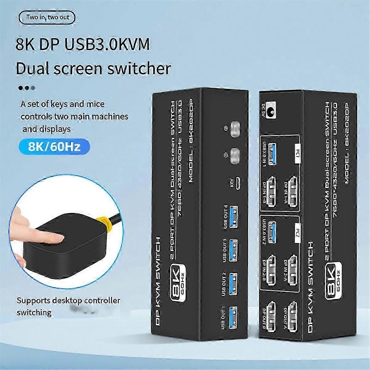 8K DP KVM Switch for 2 Computers USB 3.0 KVM Switch 2 in 2 Out and 4 USB 3.0 Port for Mouse Keyboad