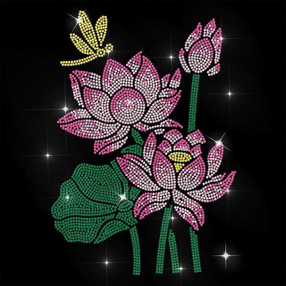Flower Rhinestone Iron on Transfer Lotus and Dragonfly Bling Diamond Hotfix Patches for Clothes 11.6"x8.2" Large Iron On Sequin Applique for Jeans Jac