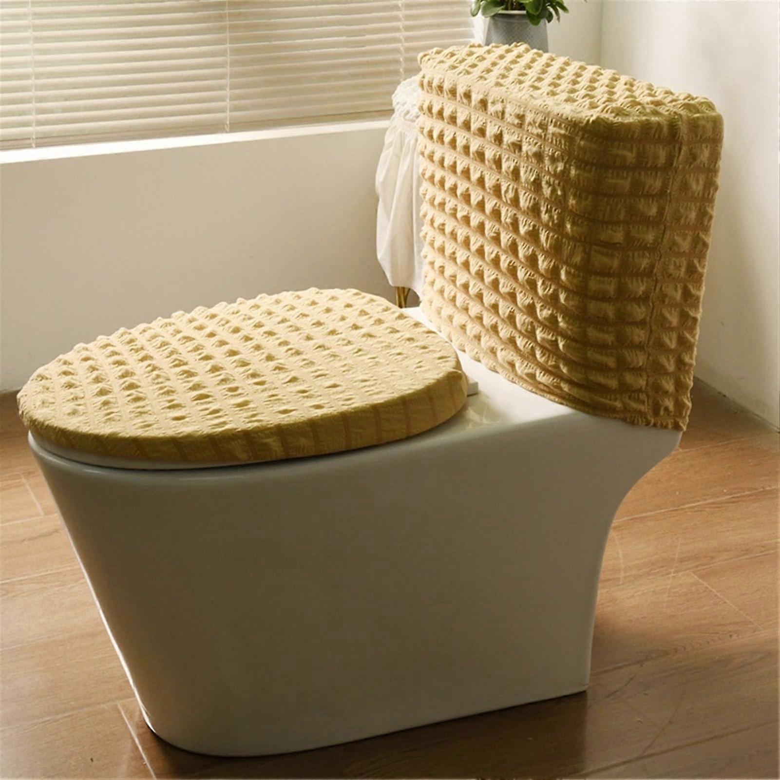 Toilet Seat Cover Set with Lid and Tank Protector, Soft Stretch Fit Beige for Standard Toilets
