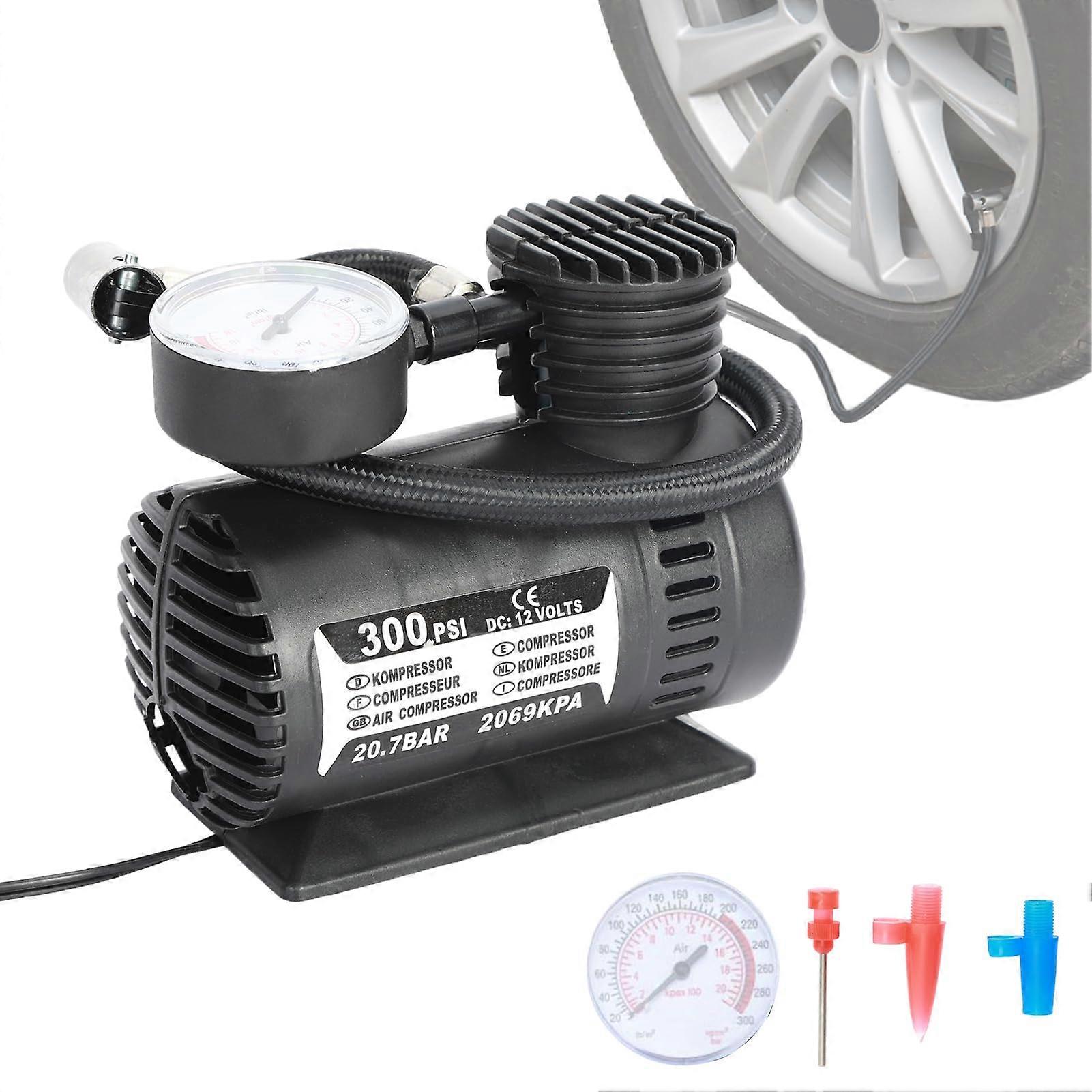Portable Tire Inflator 12V Car Air Compressor with Pressure Gauge, Low Noise Fast Inflation for Car Motorcycle Bicycle (Black)
