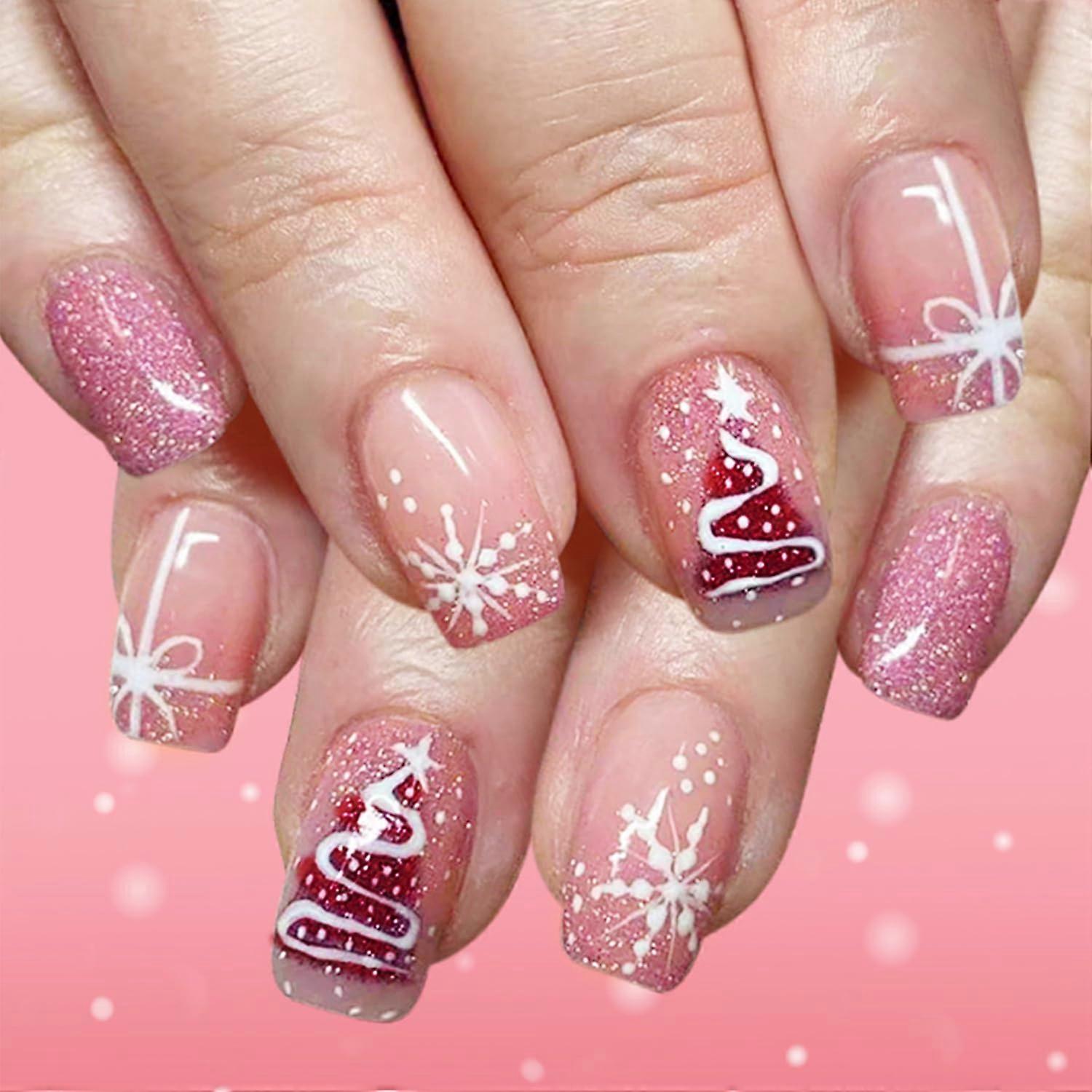 Christmas Press On Nails Set Pink Glitter Medium Square False Nails with Snowflake and Tree Design