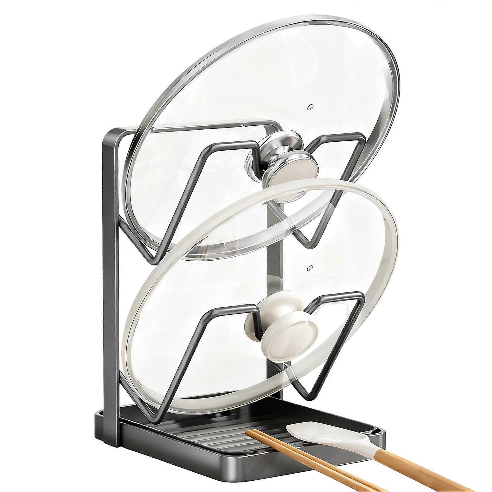 Pot Lid Organizer Double Layer Vertical Storage Rack with Adjustable Slots and Drip Tray
