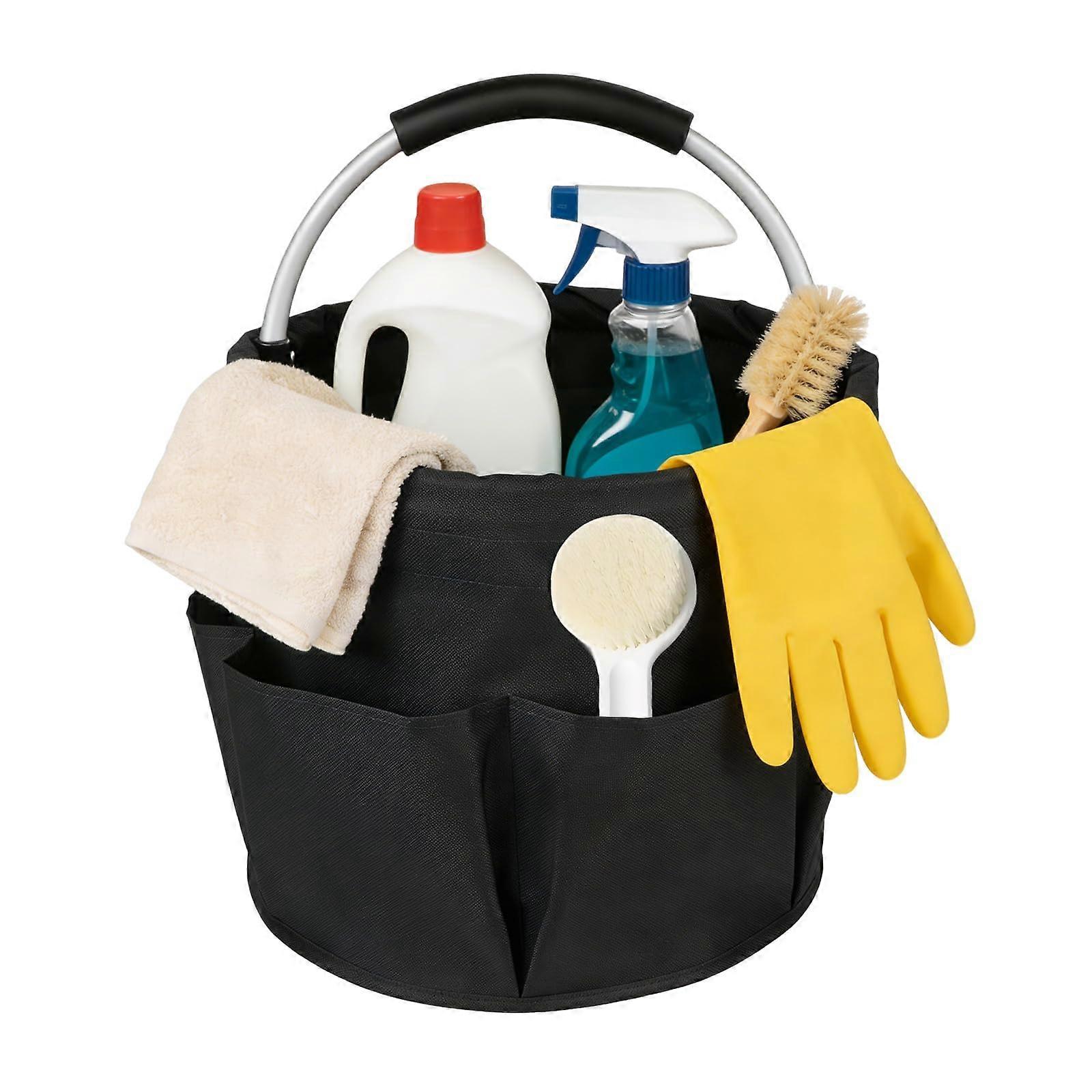 17L Large Cleaning Caddy with Handle, Foldable Multi Pocket Organizer Bag, Waterproof Black