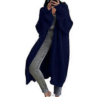 Cardigan da donna a maniche lunghe in maglia tinta unita, lunghezza al ginocchio, design casual di tendenza, giacca-maglione di media lunghezza - Blu navy, taglia XL