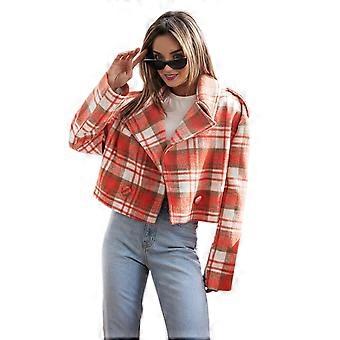 Fall Winter Women Jacket Turn-down Collar Plaid Print Long Sleeves Loose Cardigan Button Decor