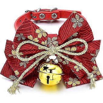 Kattenhalsband met bloemenprint, veiligheidssluiting, verstelbaar, van katoen en PU-leer, met strikje en gouden belletje voor kittens en kleine honden (19-26 cm)