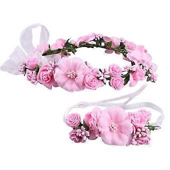 Adjustable Flower Crown with Floral Headband and Matching Wrist Band for Wedding Party Pink