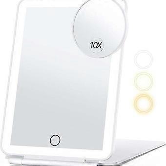 Travel makeup mirror with 10x magnification, cosmetic mirror with 3-color light, portable makeup mirror with light