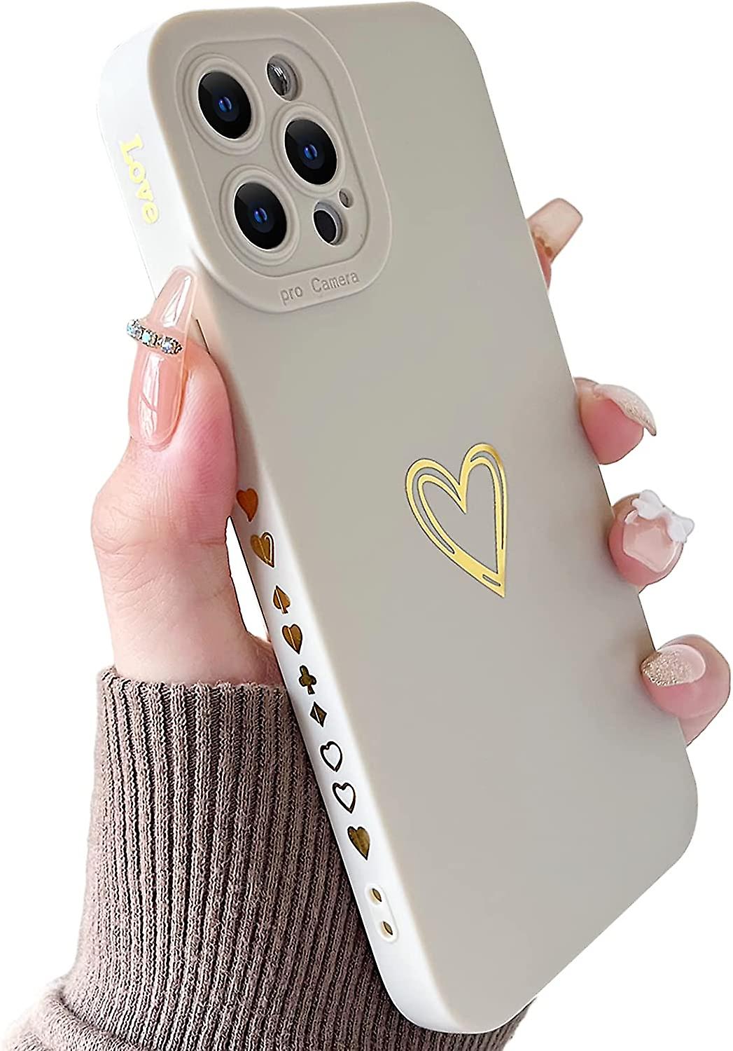 Compatível com iPhone 13 Pro Max Case, Gold Heart Pattern Soft Liquid Silicone Shockproof Case for Women Girls Side Cute Plated Heart Pattern Slim Ph