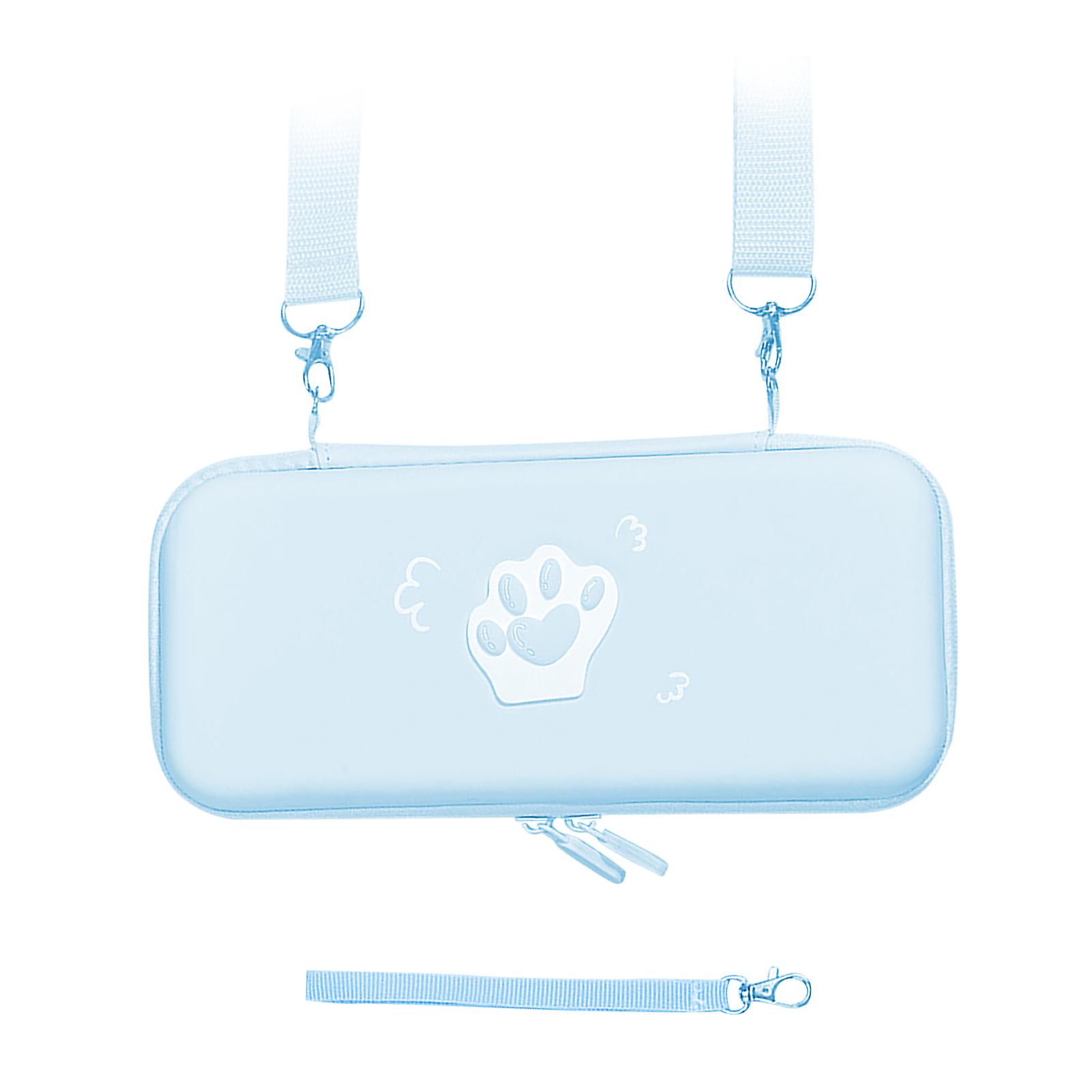 Cute Cat Paw Carrying Case PU Leather Hard Protective Cover with Shoulder Strap and Hand Rope for Switch Game Console Hyacinth Blue