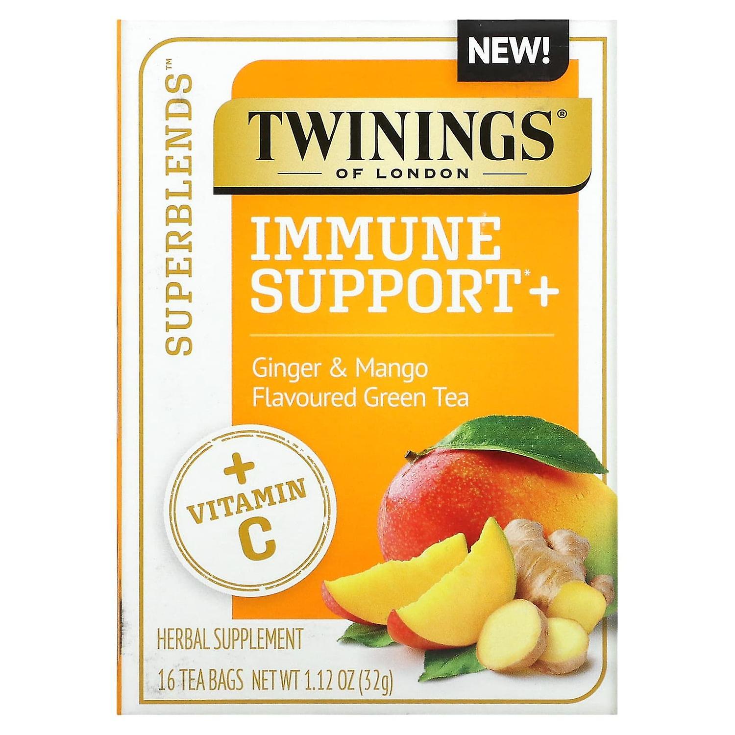Twinings, Immune Support+ 緑茶、ジンジャー&マンゴー、ティーバッグ16個、1.12オンス(32 g)