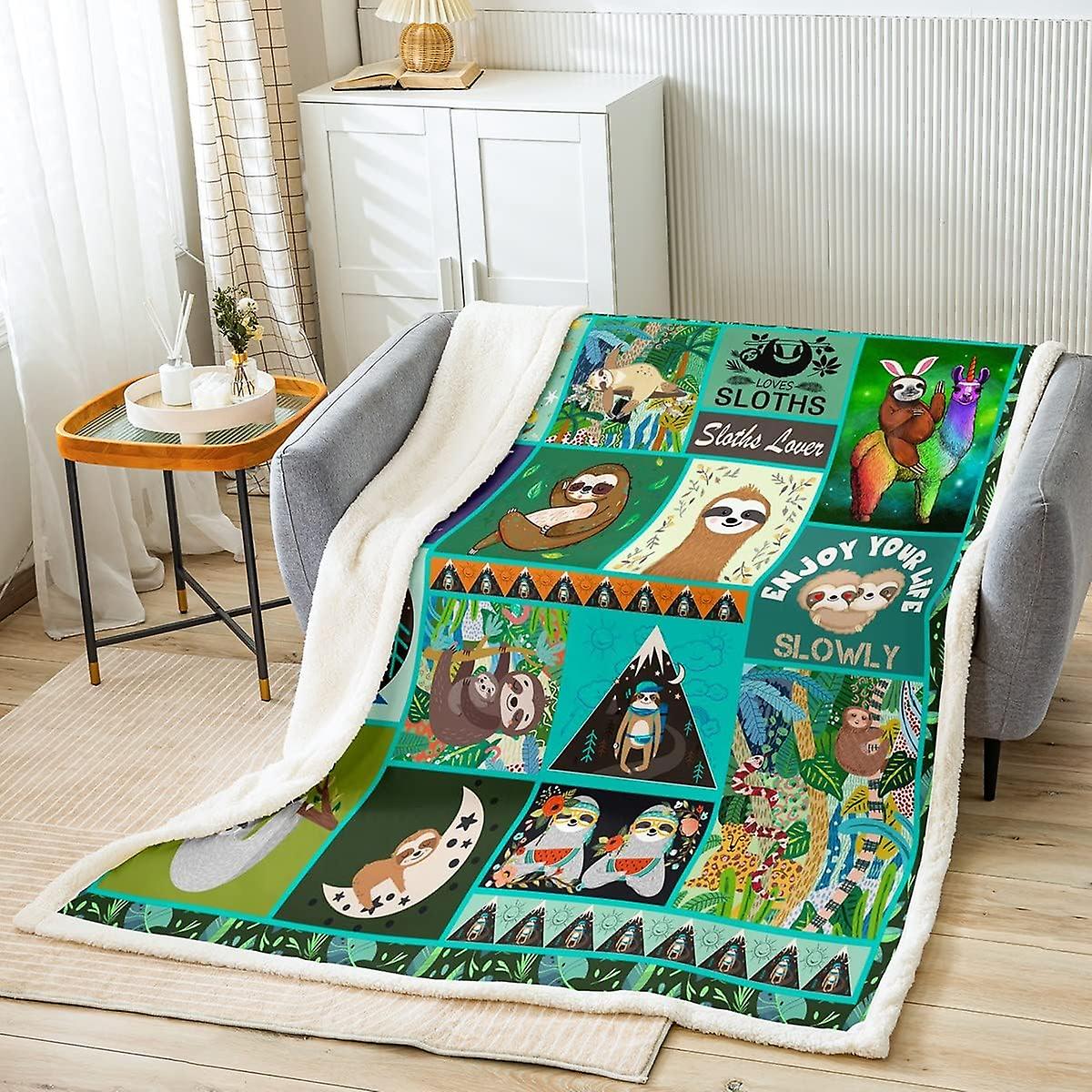 Sloth Fleece Throw Blanket for Bed Sofa Cute Animal Geometry Plaid Plush Blanket Cartoon Sloth Sherpa Blanket Stitching Style Warm Fuzzy Blanket