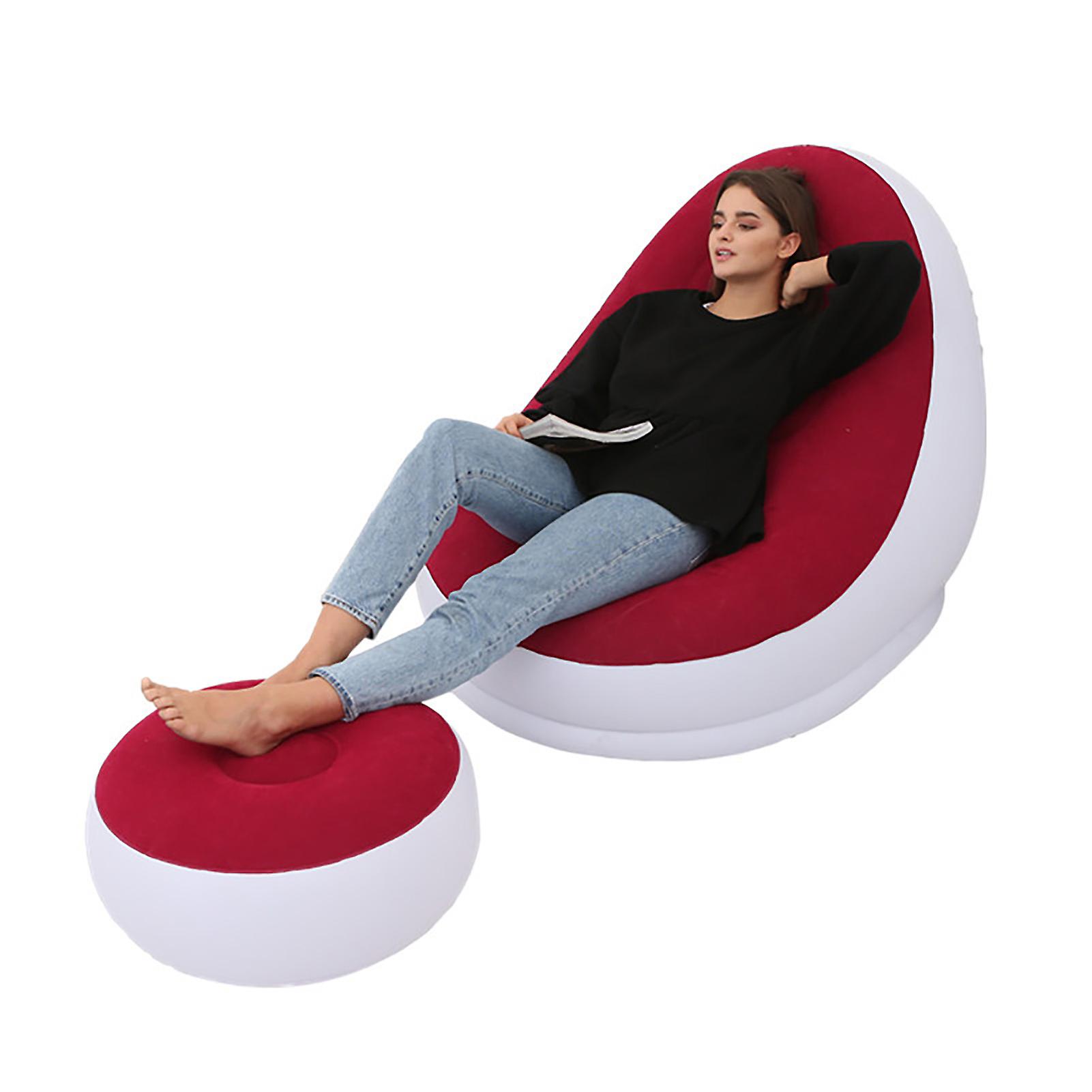 Qukaim Portable Blow Up Sofa Inflatable Chair with Foot Stool, Foldable Flocking PVC Blow Up Lounge Chair for Outdoor Camping Travel, Red