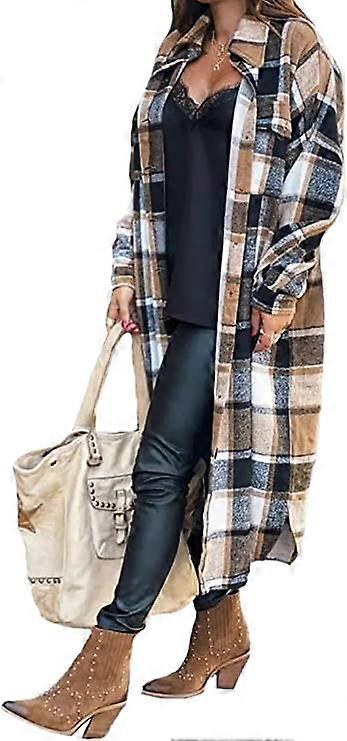Womens Casual Plaid Shacket Long Sleeve Wool Blend Button