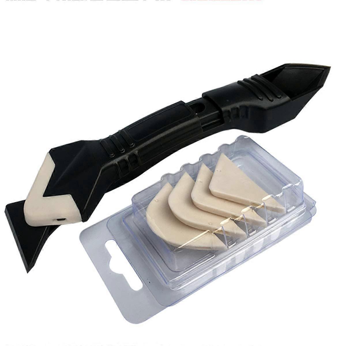 3-in-1 tool for scraping, removing and caulking silicone joints with 4 replaceable caulking pads for tiles or glass (plastic blade)