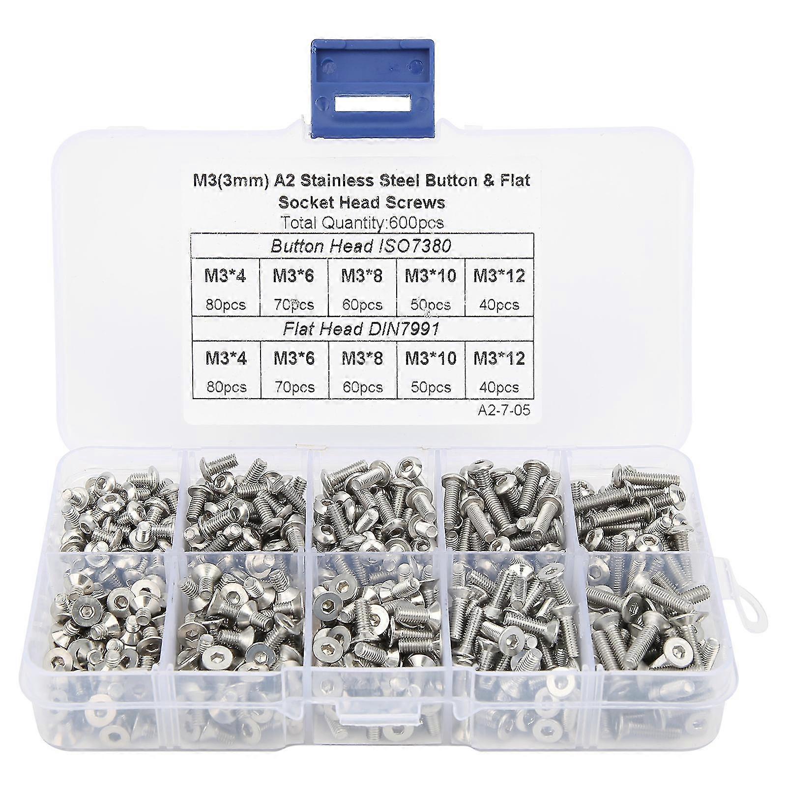 600Pcs304StainlessSteelHexScrewSet-Pan/FlatHeadBoxedHardwareAccessories