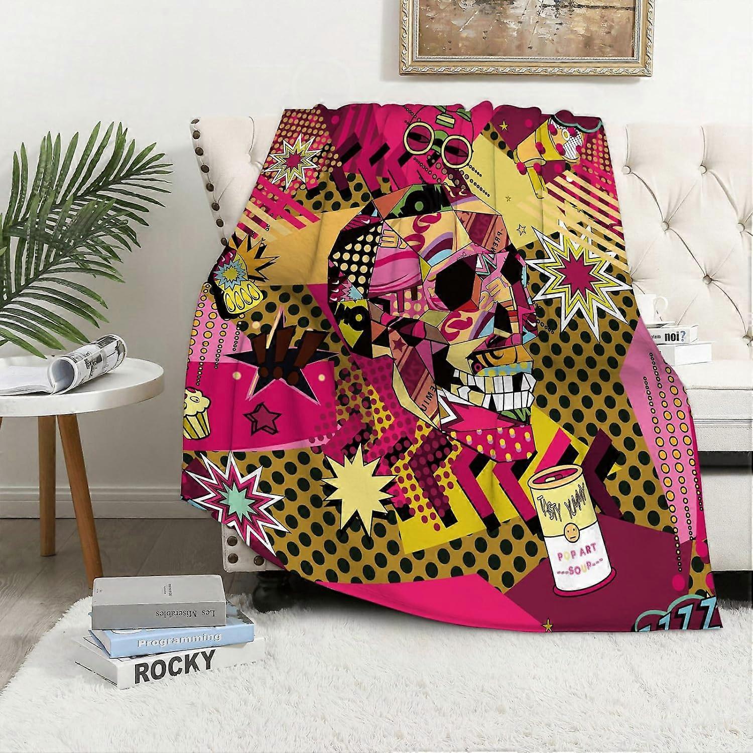 Sofá cobertor Padrão sem costura com objetos de arte pop coloridos com caveiras nuvens estrelas cereja do flanela, cobertores, lances para sofá Cama de cobertor fofo