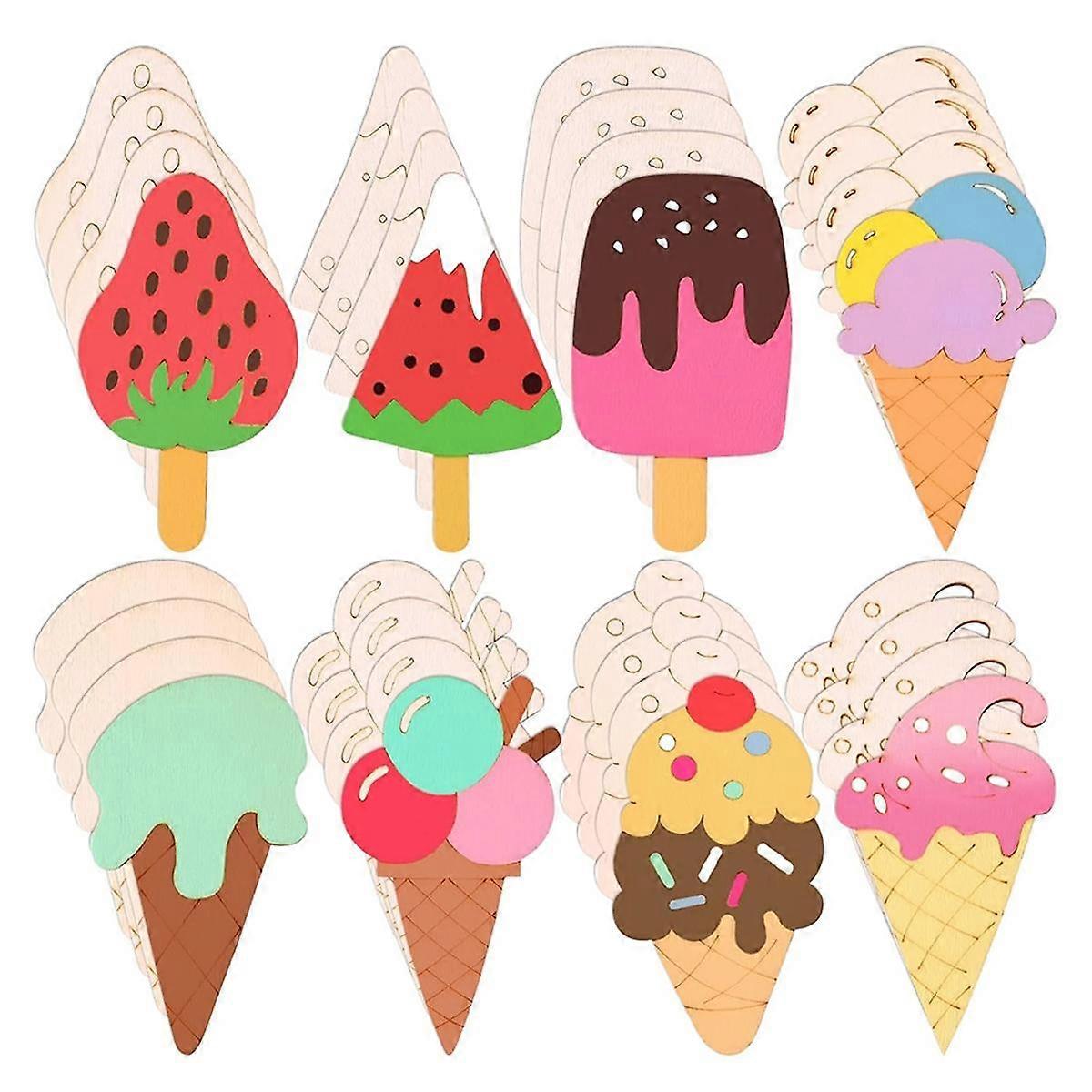 32 Pcs Unfinished Ice Cream Wooden Cutouts,8 Styles Ice Cream Wood Slices Unfinished Wood for DIY C