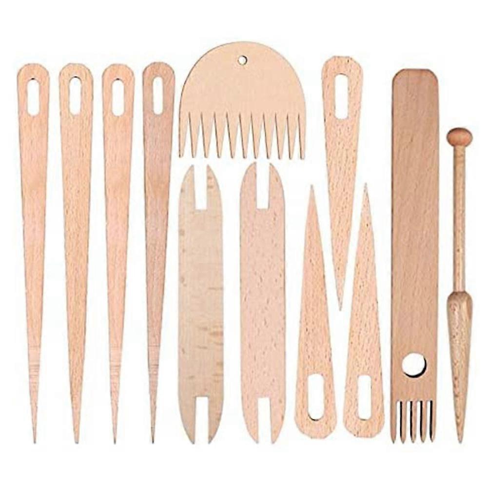 12Pieces Wooden Hand Loom Stick Set - 7 Big Eye Knitting Needles,2 Wooden Shuttles,Weaving Stick an