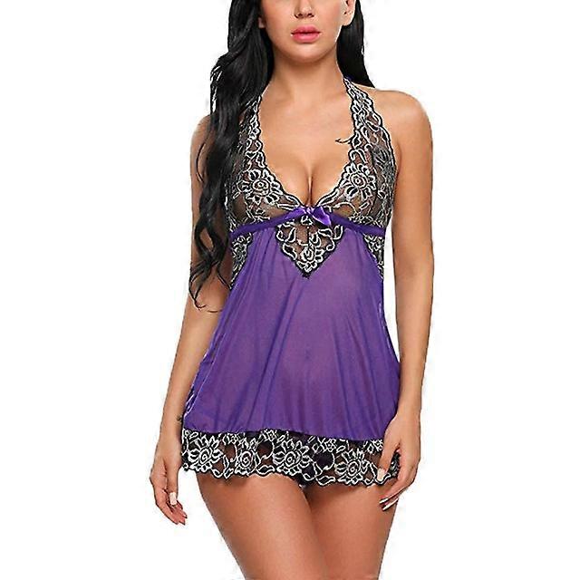 V Yaka Dantel Pijama Gecelik Yaz Gecelik Elbise Kadın Kolsuz Gecelikler Seksi İç Çamaşırı Örgü Gecelik Tanga 2 Adet #W