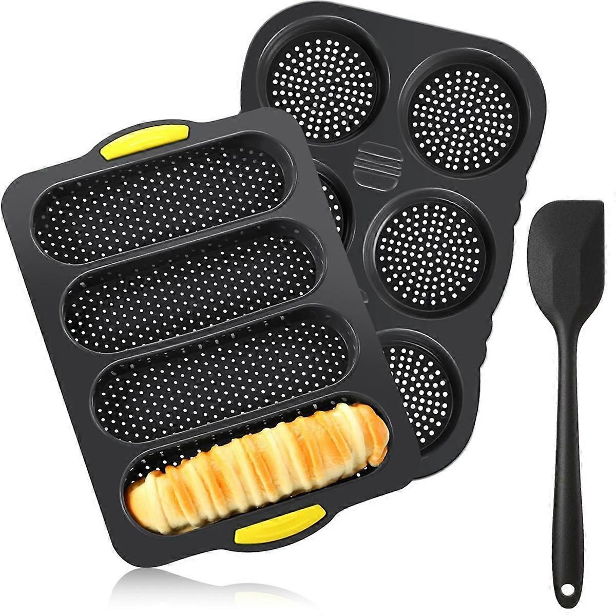 Silicone French Bread Pan and Hamburger Bun Pan Set Nonstick 4 Wave Baking Tray 6Cup Hamburger Bun