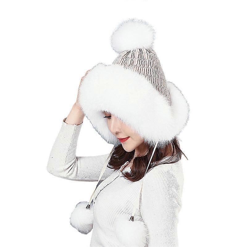 MIMIGO Natural Silver Fox Fur Russian Cossack Fluffy Pom Pom Bomber Hats Earflap Female Winter Snow Ski Caps Trapper Aviator Cap With Waterproof Mater