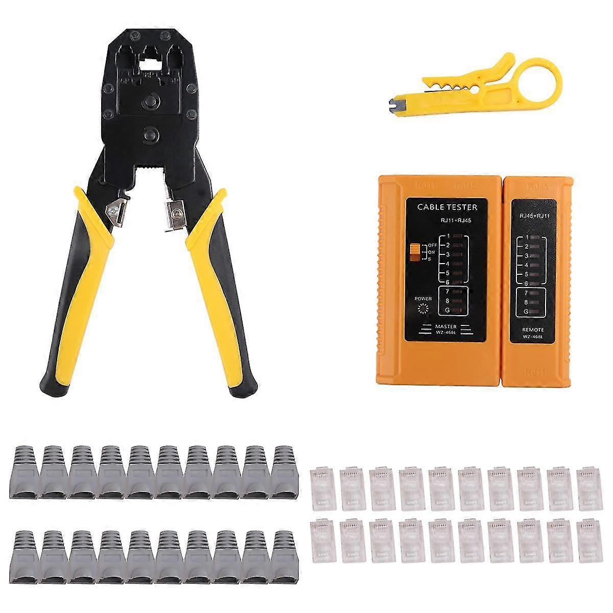RJ45 krimpgereedschapsset met 20 stuks Cat5 RJ45 connectoren, 20 stuks trekontlastingslaarzen, 1 minidraadstrip