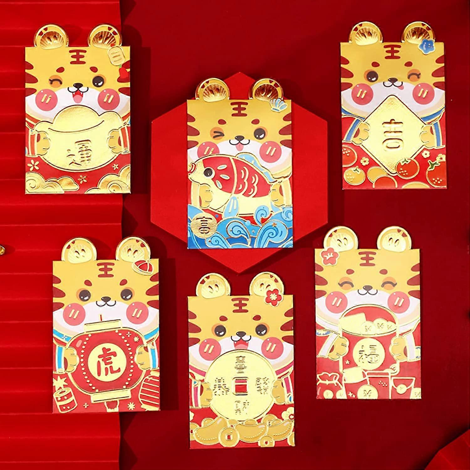 Κινεζικοί κόκκινοι φάκελοι hongbao 6Pcs τυχεροί φάκελοι χρημάτων, κόκκινοι φάκελοι τσέπης κινουμένων σχεδίων τίγρης μοτίβο τσέπης για το γάμο της Πρωτοχρονιάς ένα μικρό