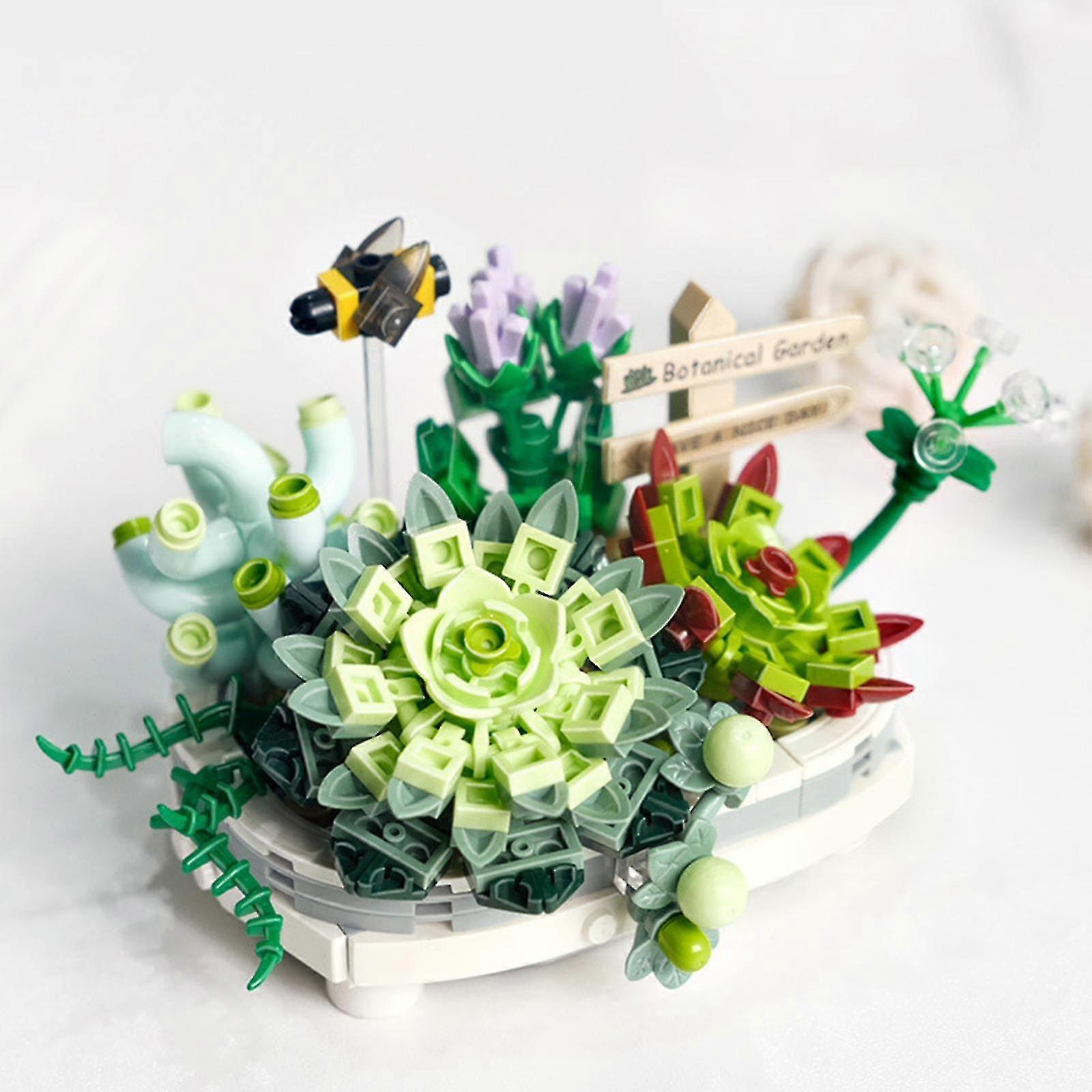 Succulent & Sakura Tree Model, Artificial Flowers Bouquet Botanical Collection Building Blocks