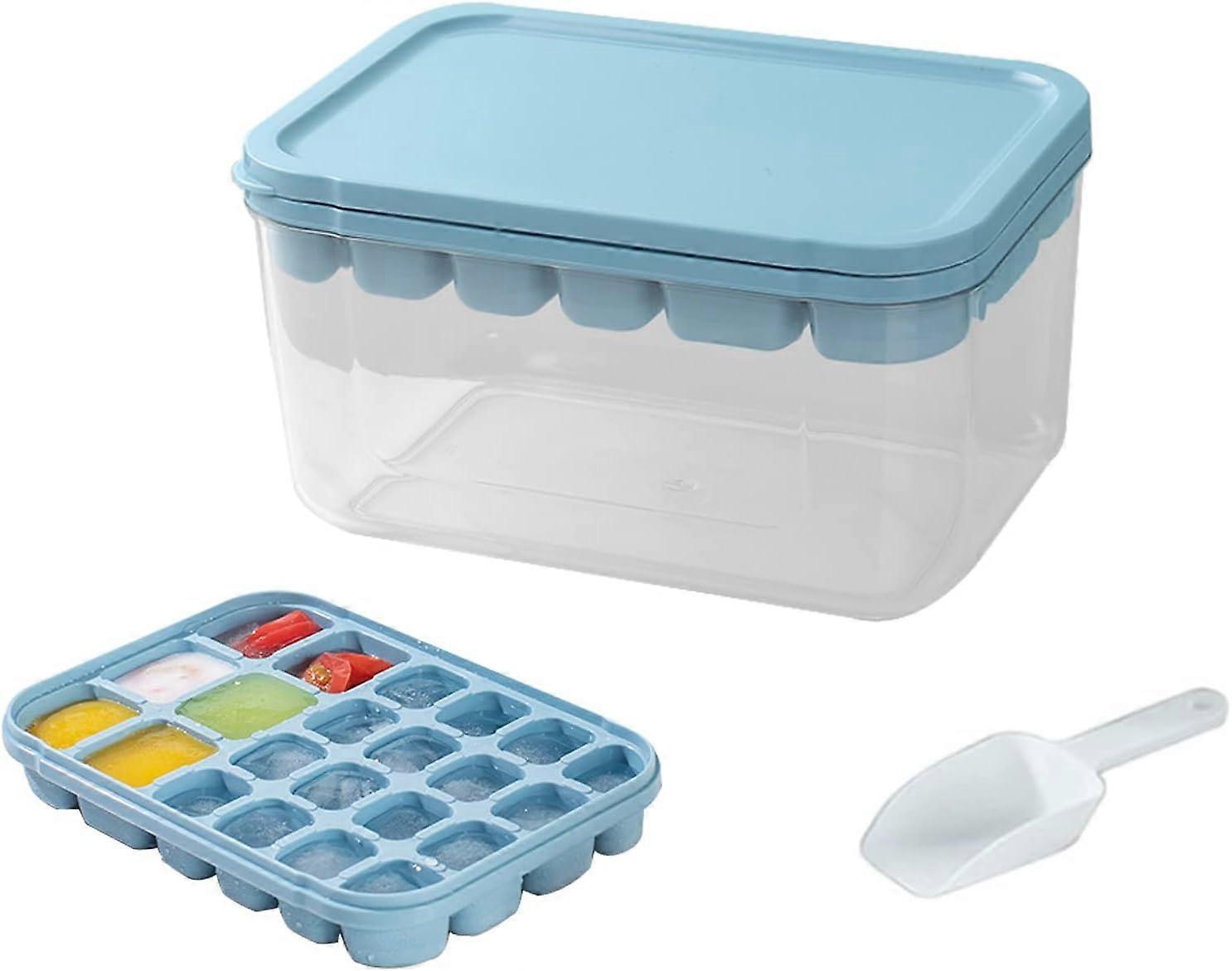 One set, one ice cube tray, one storage box with lid and ice scoop, makes 6 large ice cubes and 16 small ice cubes (blue).