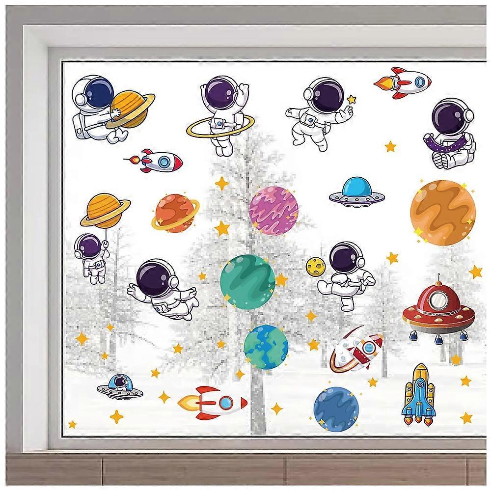 46x15"/116x38cm Outer Space Wall Decals Rocket Wall Stickers Double Sided Planet Window Clings Star Astronaut Window Stickers Non Adhesive Static Viny