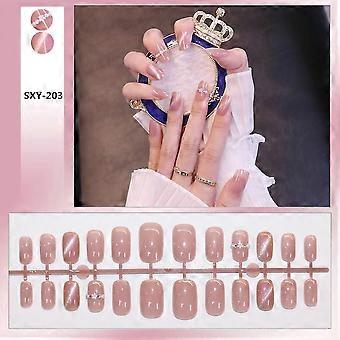 Pink Cat's Eye Pearl Inlaid Long False Nails Sweet Charming Reusable False Nails