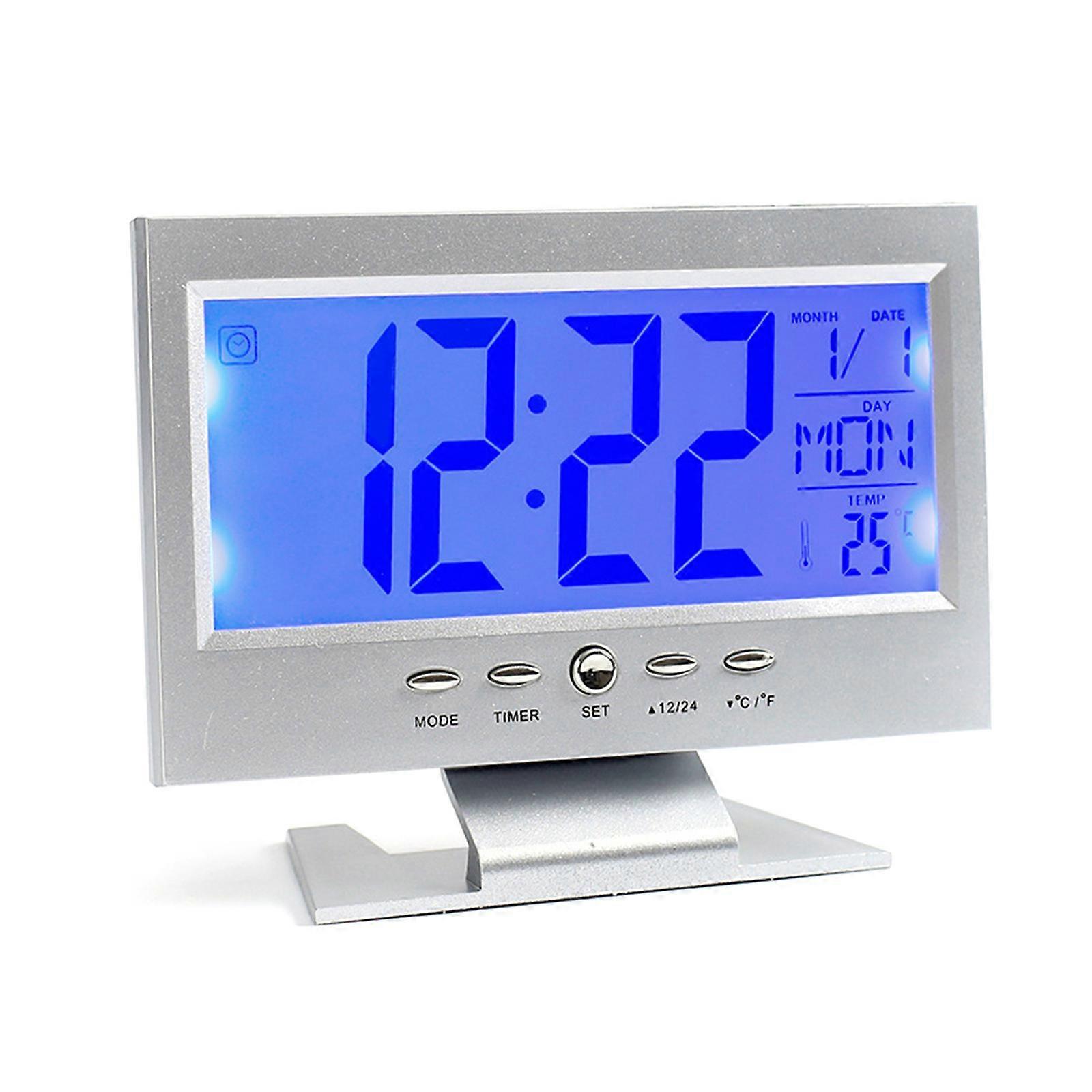 Voices Control Snoozes Alarm Clock with Backlit and Temperature Humidity Display for Bedroom Silver