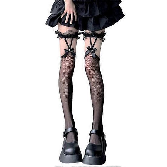 1 Pair Women Stockings See-through Ultra-thin Fishnet Lace Bow Decor High Elasticity Over-the-Knee Skinny Solid Color Japanese Style Anti-slip