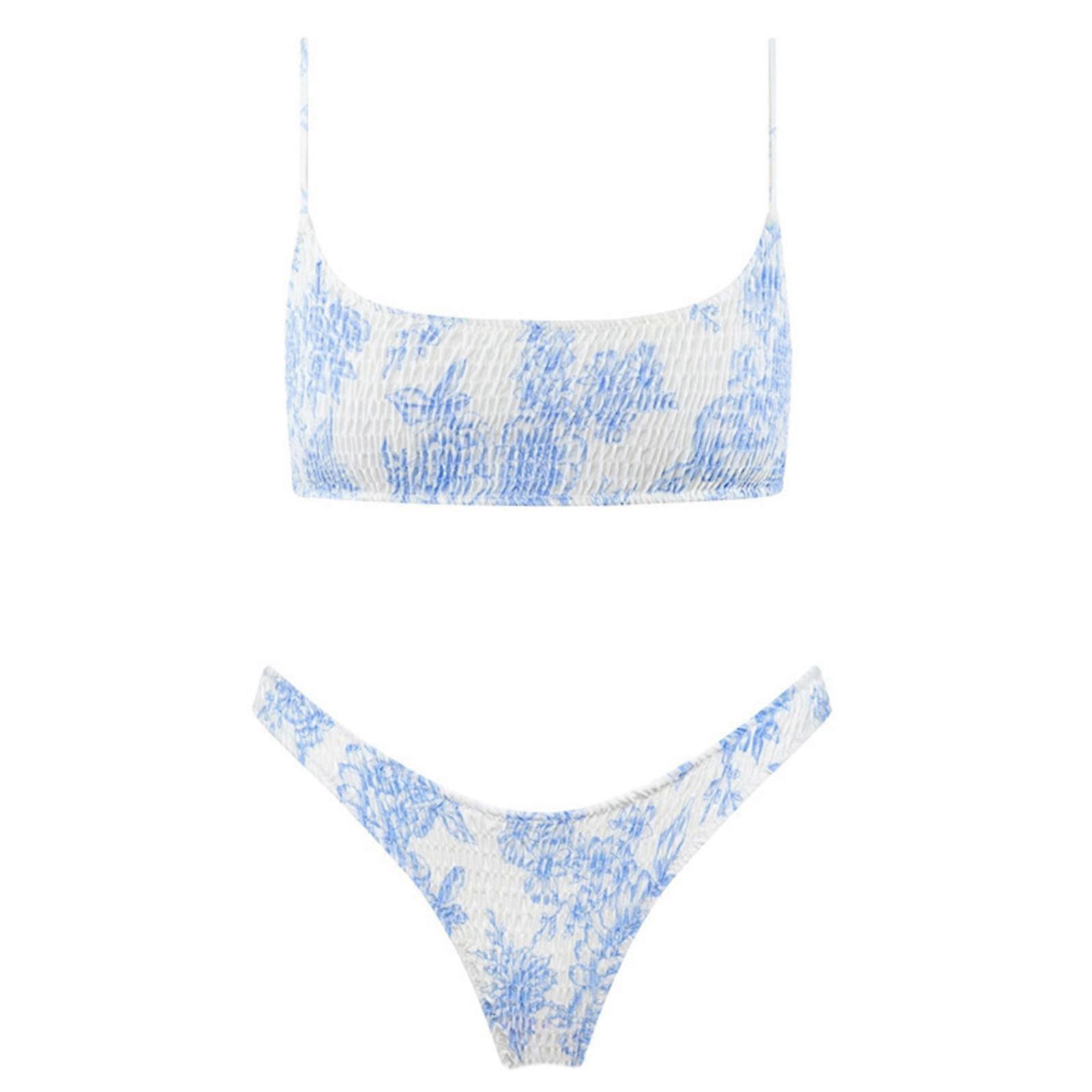 Dame Bikinier Badedrakter Sett Tube Top Badetøy Sexy Liten Bryst Samlet Badedrakt Spaghetti Stropper Badedrakter blå og hvit flowe L